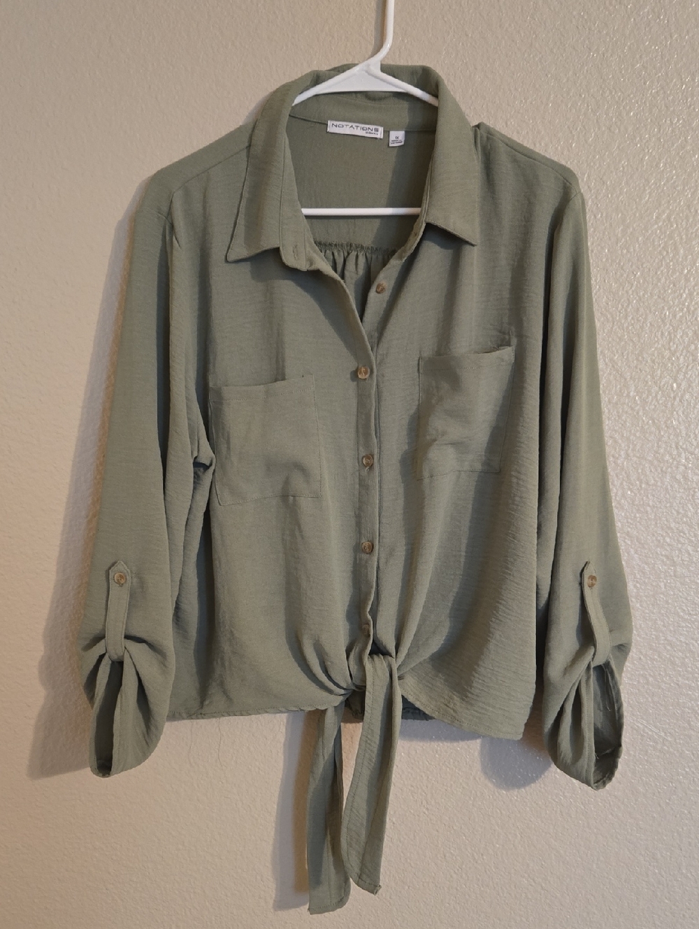 NOTATIONS Olive Green Tie-Front Button Down Shirt